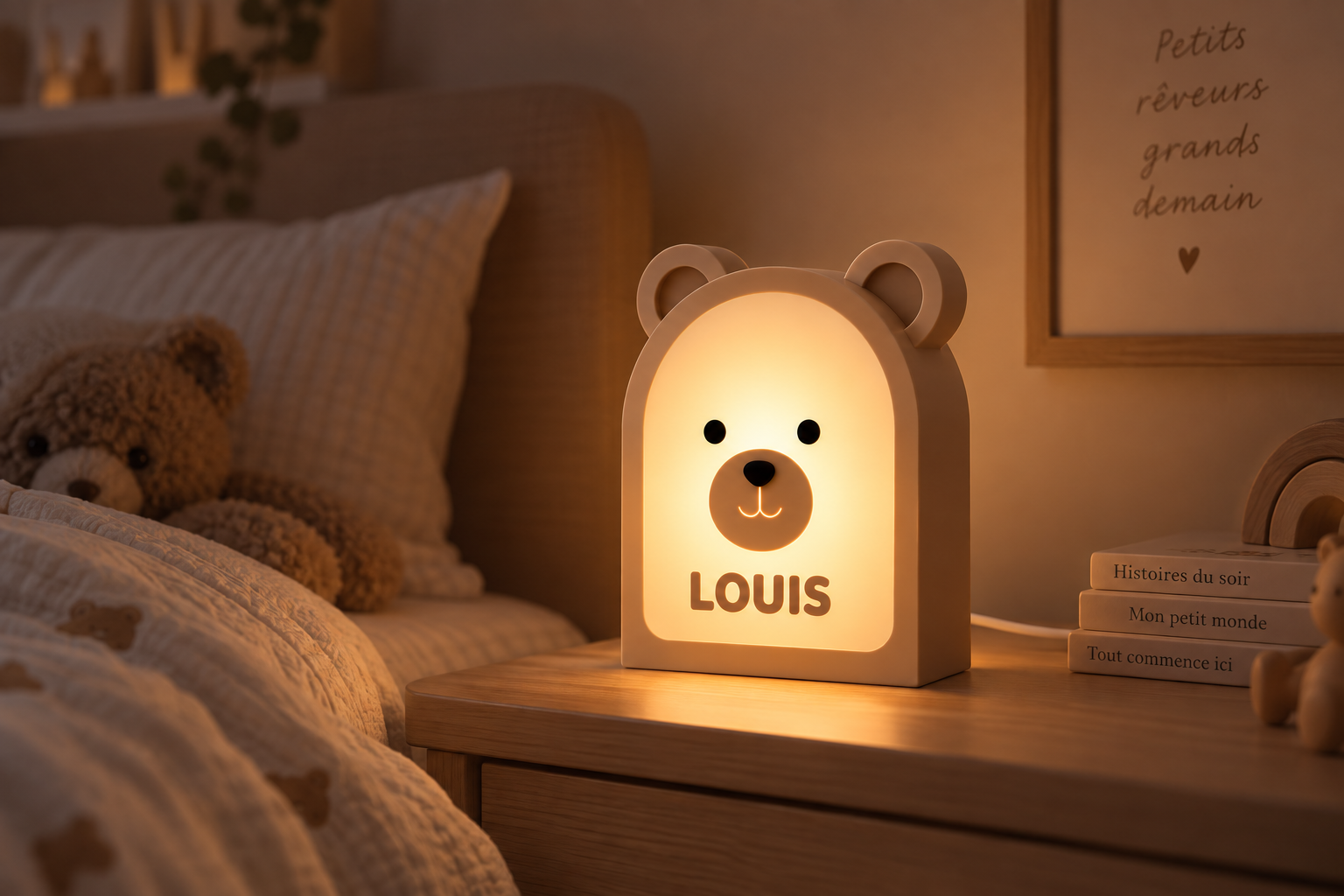 Veilleuse ours personnalisée Louis posée sur une table de nuit en bois dans une chambre d'enfant