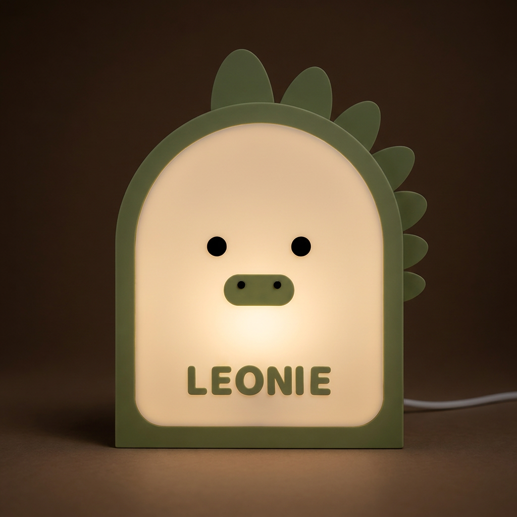 Veilleuse dinosaure allumée la nuit avec une lumière chaude