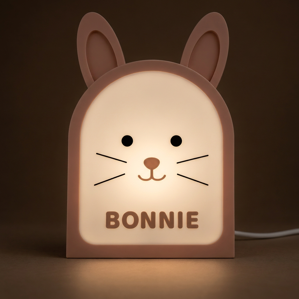Veilleuse lapin allumée la nuit avec une lumière chaude